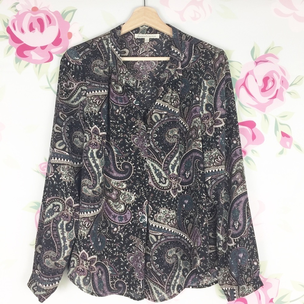 Daniel Rainn Purple Paisley Print Bohemian Boho Long Sleeve Blouse Petite L